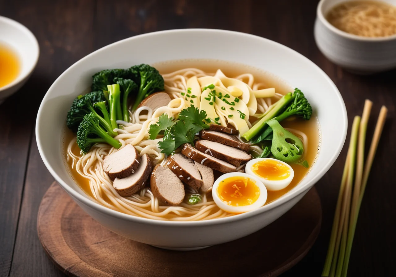 Chicken Egg Noodle Soup with Vegetables and Mushrooms in Chinese Style