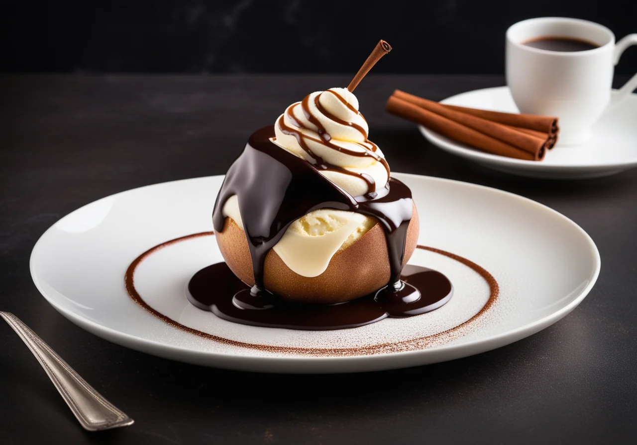 Poached Cinnamon Pear with Chocolate Sauce