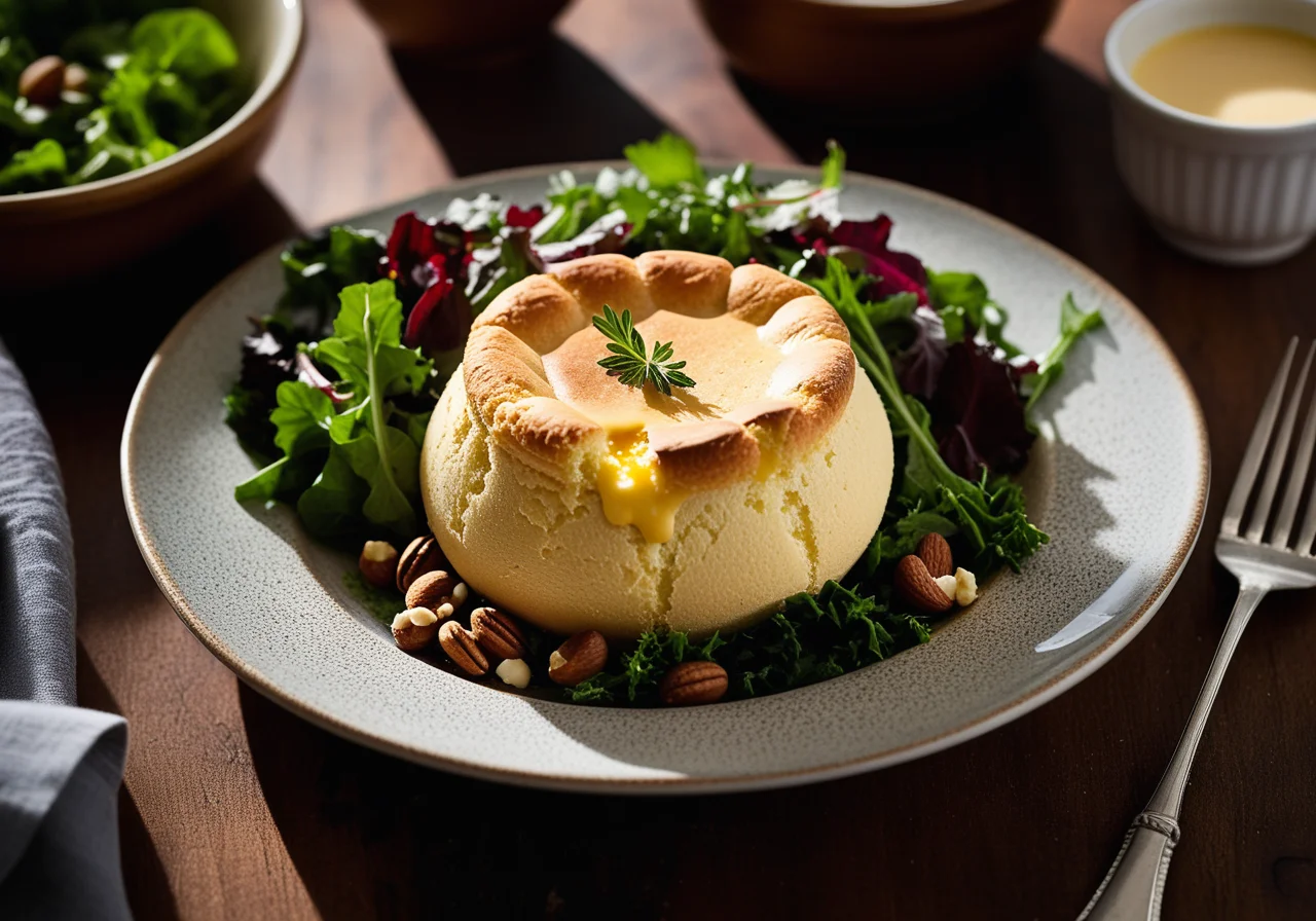 Cheese Soufflé with Nuts and Salad