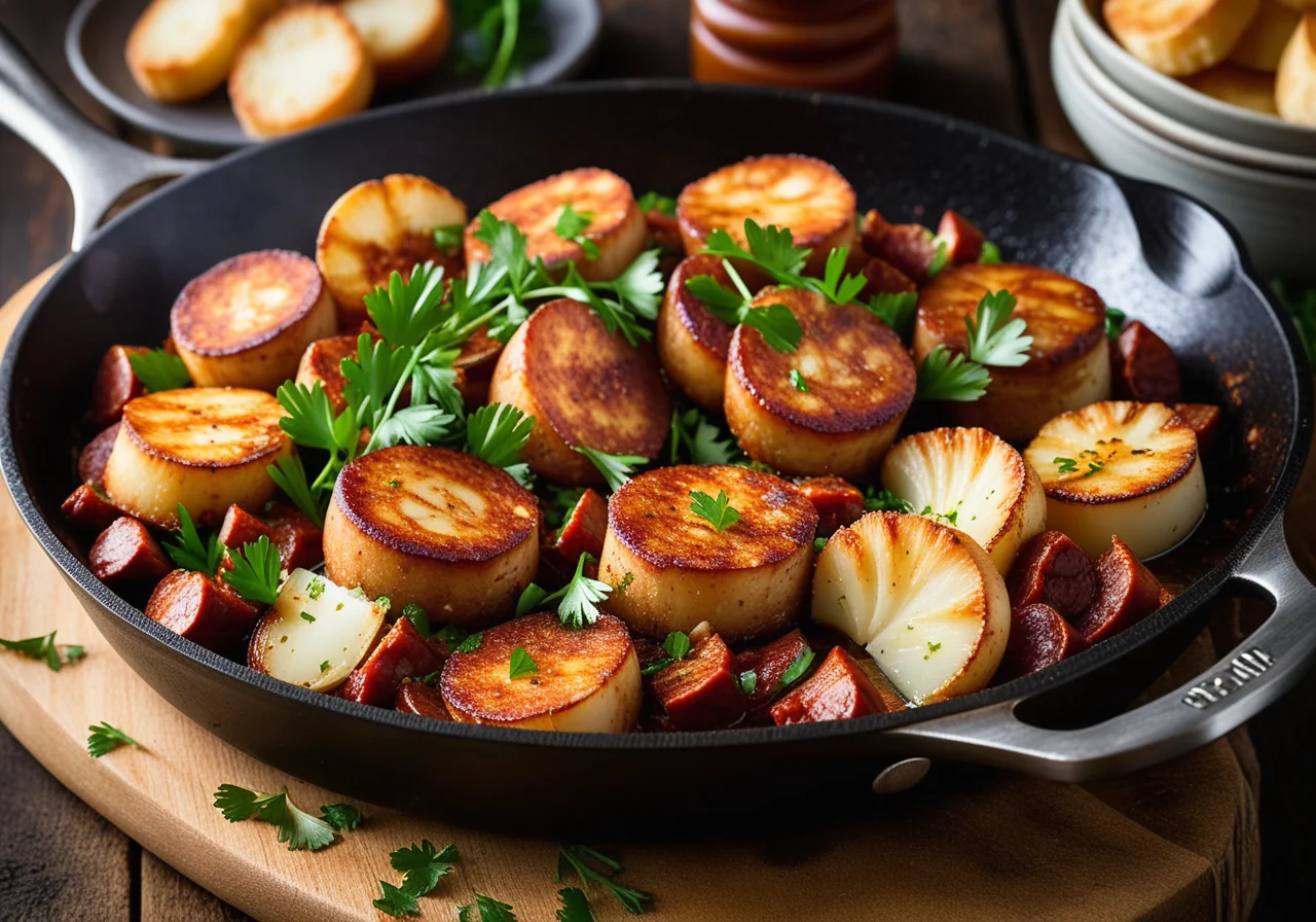 Chorizo Skillet with Scallops and Croutons
