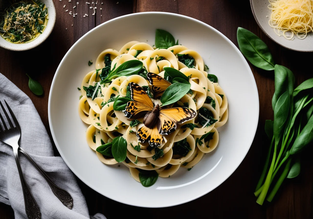 Butterfly pasta with mushrooms, spinach and spring onions