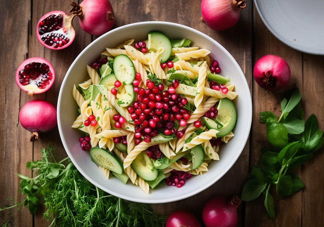 Pasta Vegetable Salad with Pomegranate Seeds