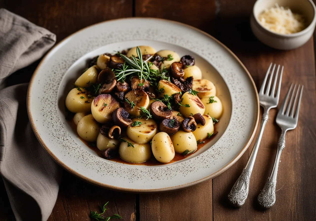 Fried Porcini Mushrooms with Ham and Gnocchi