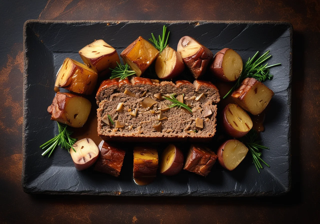 Meatloaf with Potatoes and Mushroom Sauce