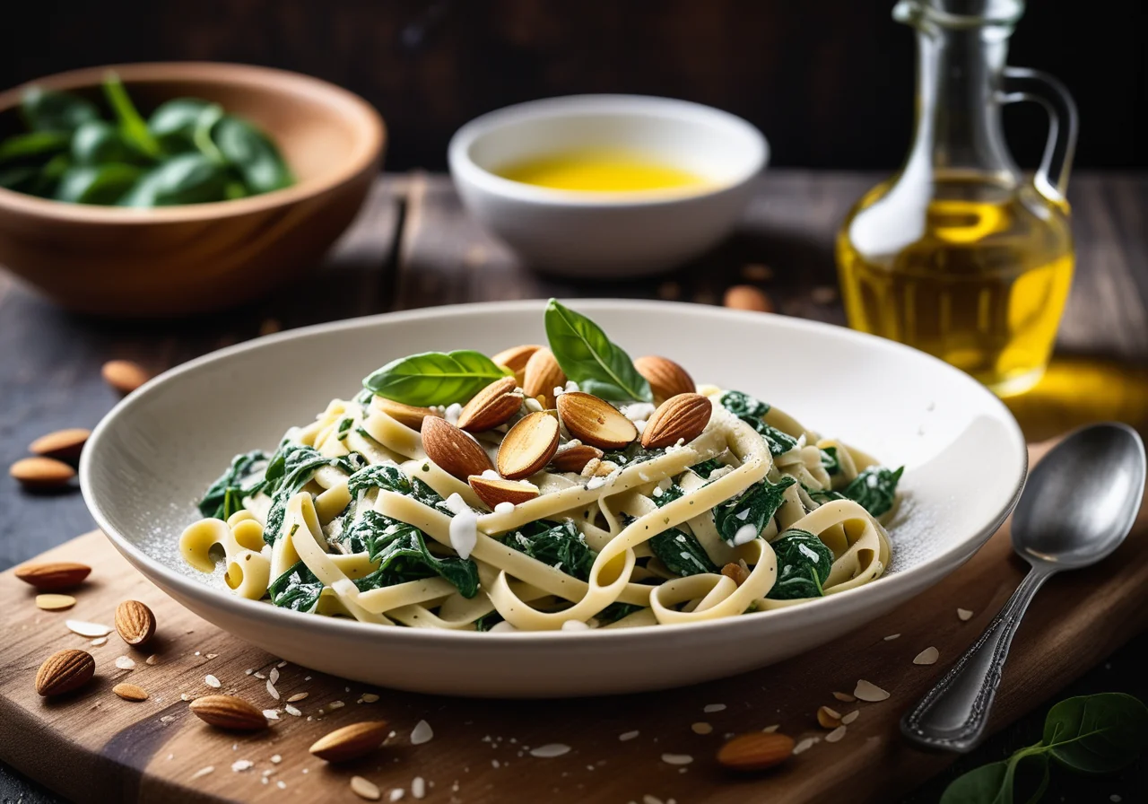 Pasta with Spinach, Almonds and Sour Cream