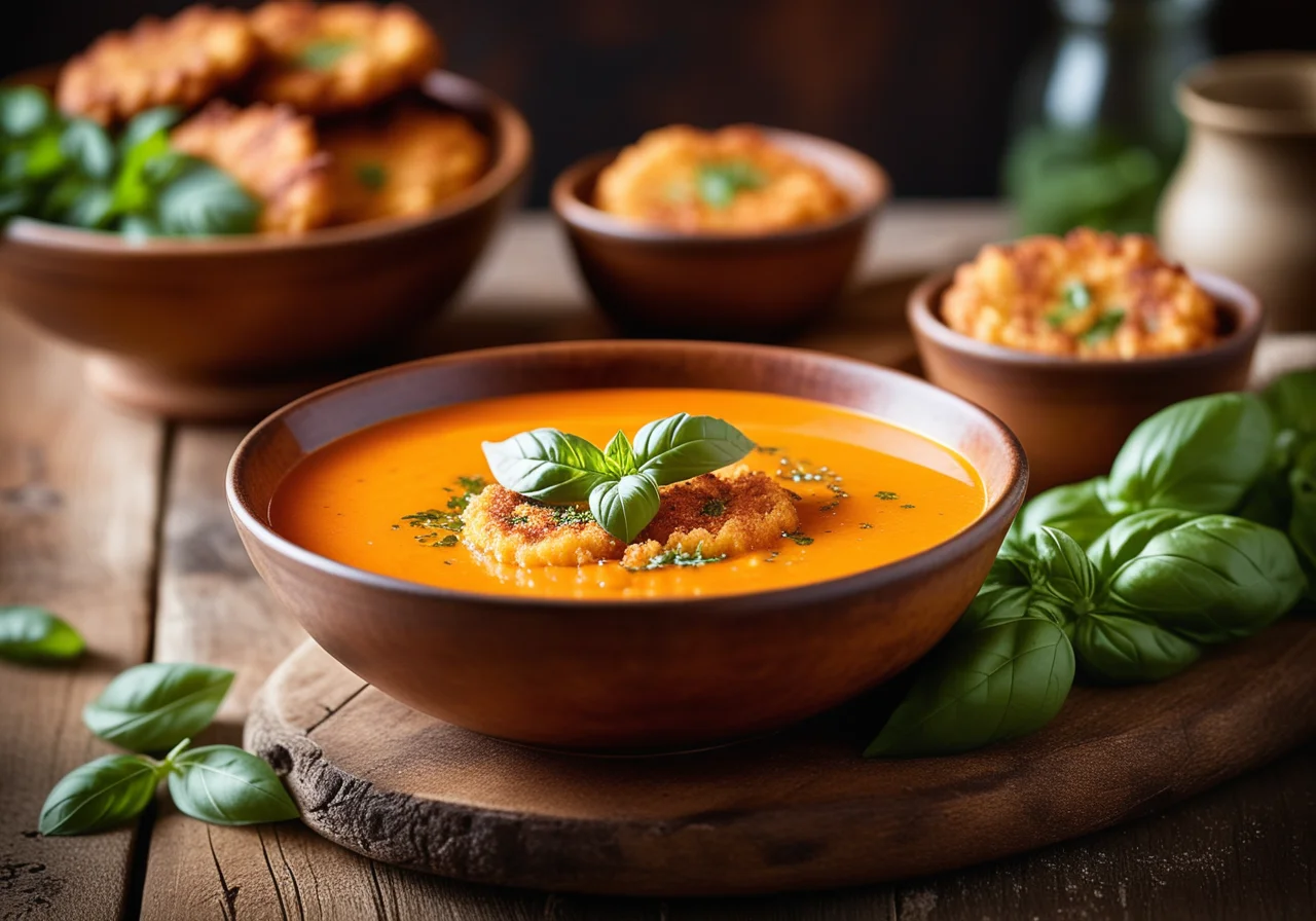 Paprika Soup with Savory Basil Fritters