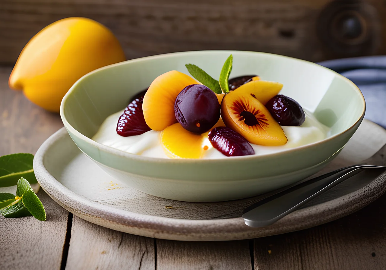 Kefir Cold Bowl with Sea Buckthorn Syrup and Plums