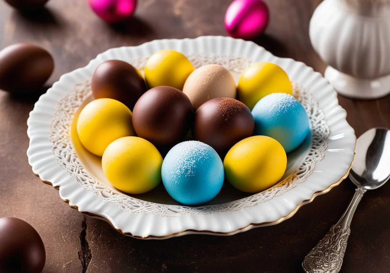 Chocolate nests with colorful sugar eggs