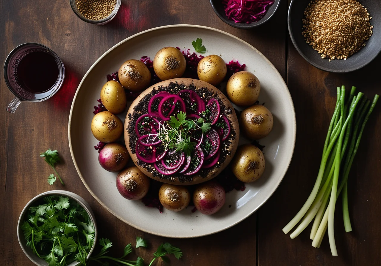 Large Portobello Mushroom with Sesame Crust served with Potatoes and Beetroot