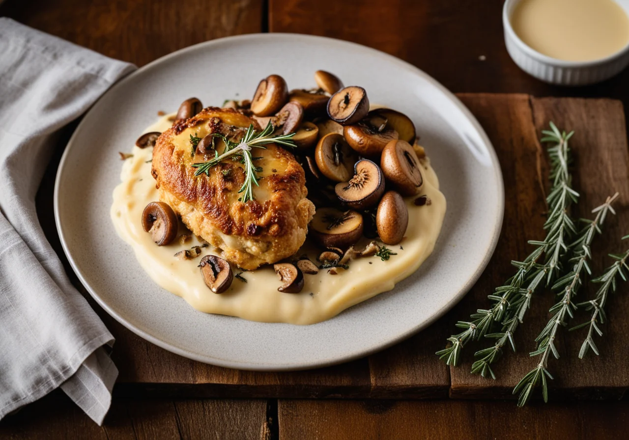 Pan‑fried Chicken Breast with Mushrooms and Potato Gratin