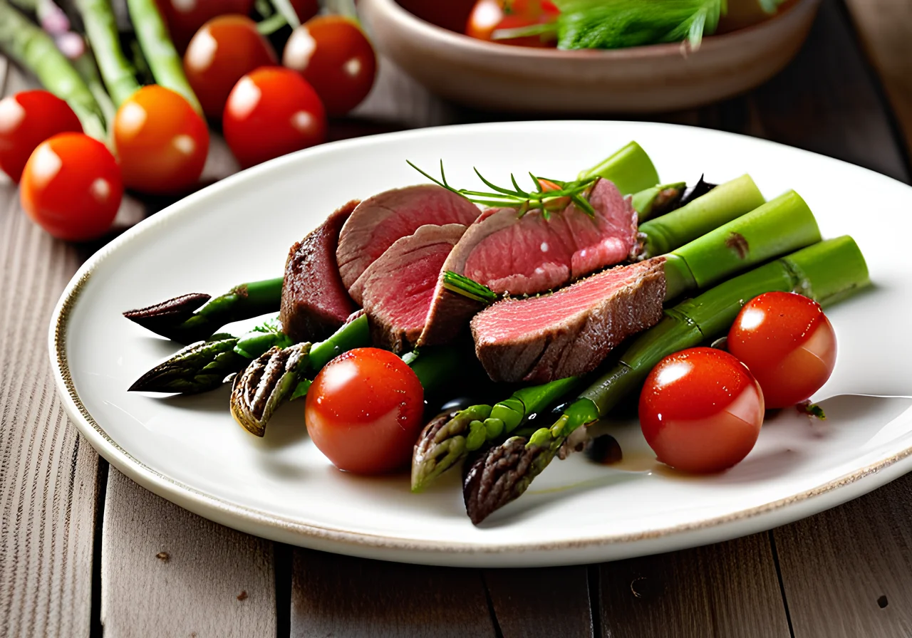 Beef Fillet on Green Asparagus with Cherry Tomatoes