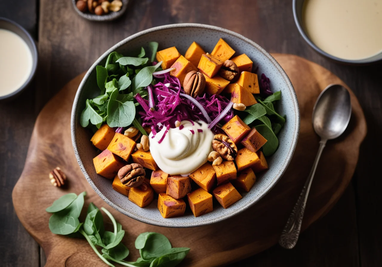 Good Life Bowl with Sweet Potatoes, Chickpeas and Turmeric Seaweed Oil Sauce