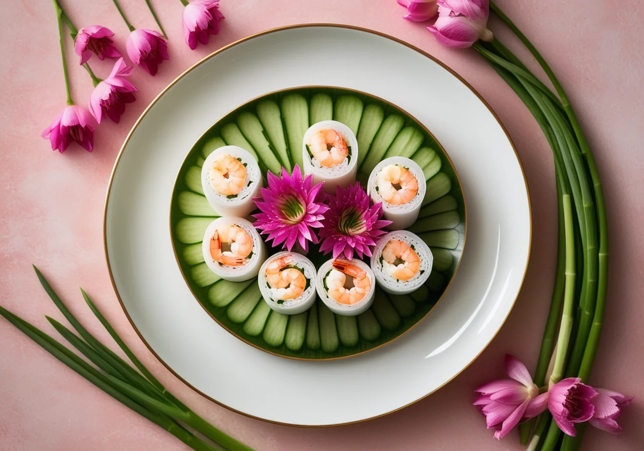 Rice Paper Rolls with Borrach Flower and Shrimp
