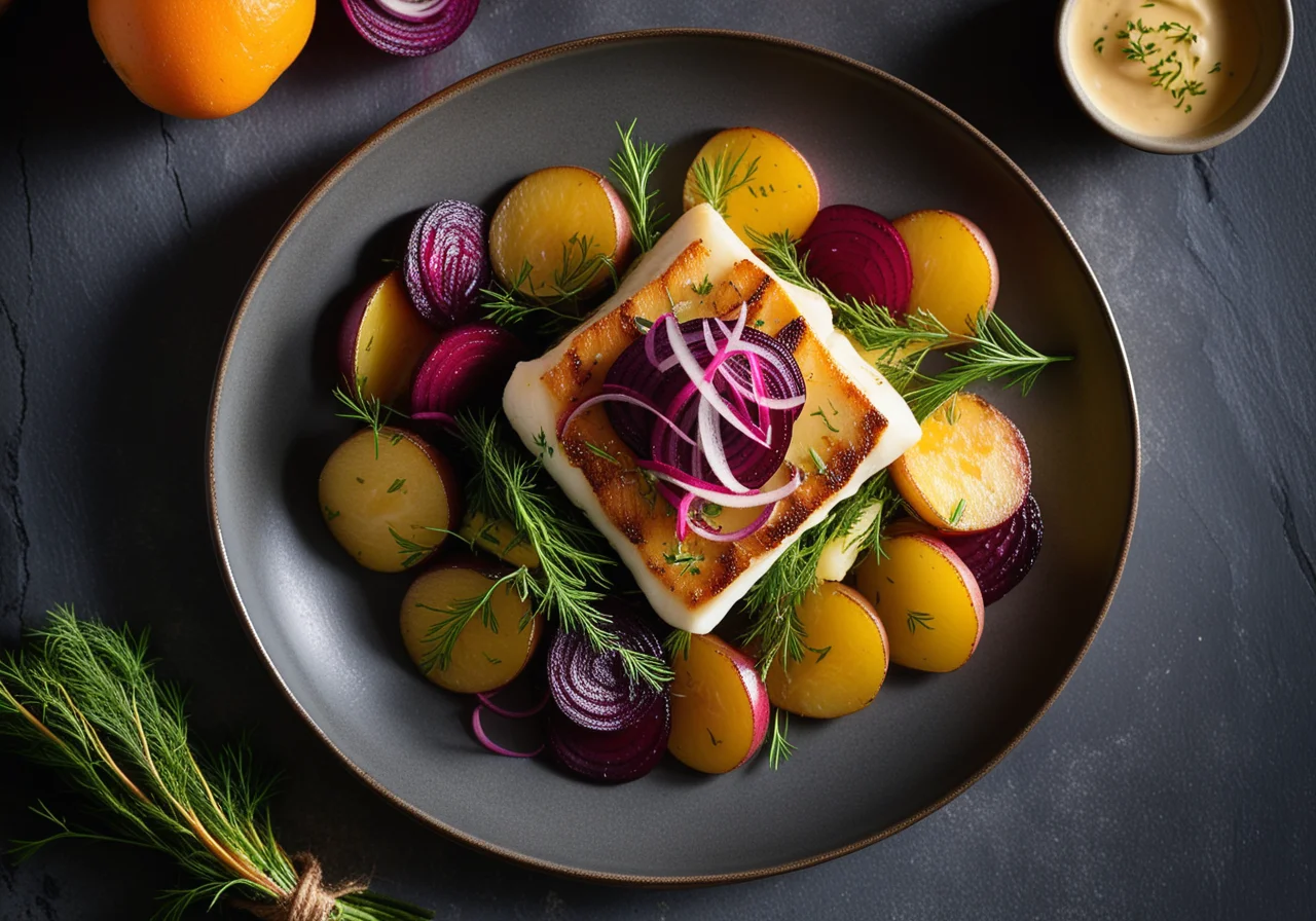 Fish fillet with mustard potato crown and beetroot vegetable