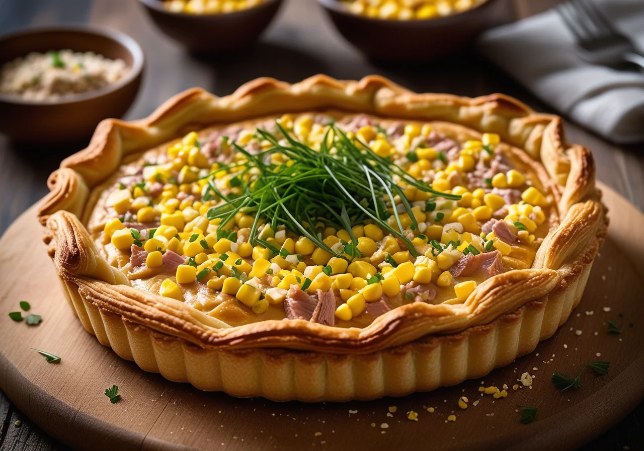 Tarte mit Blätterteig, Thunfisch und Maiskörnern