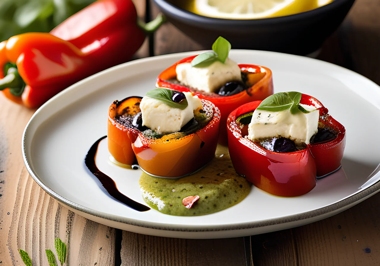 Bell Peppers with Feta Filling and Olive Dressing