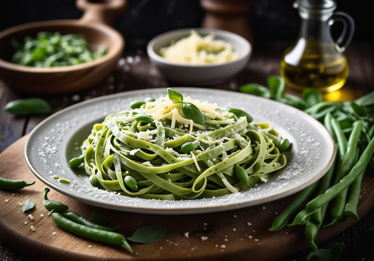 Green Tagliatelle with Beans, Pesto and Parmesan
