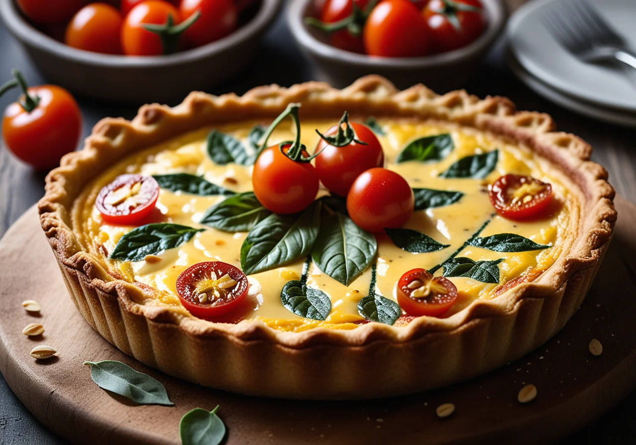 Quiche with Cherry Tomatoes, Bacon and Pine Nuts