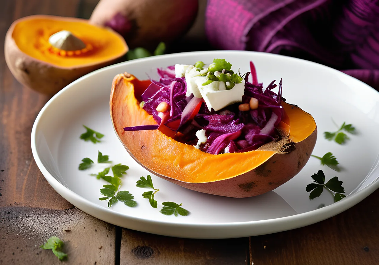 Baked Sweet Potatoes with Bean-Red Cabbage Feta Topping