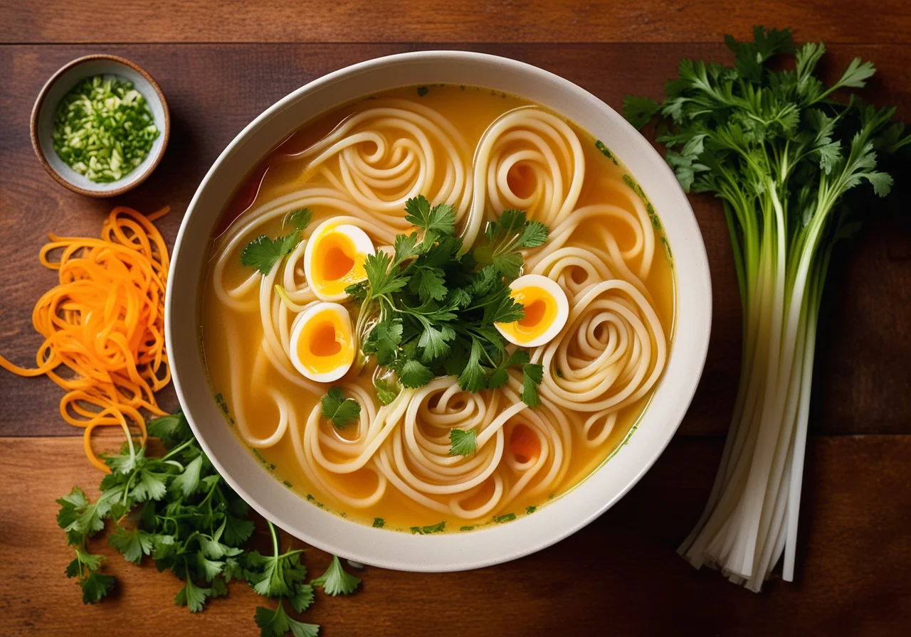 Heart-shaped noodle soup with vegetables