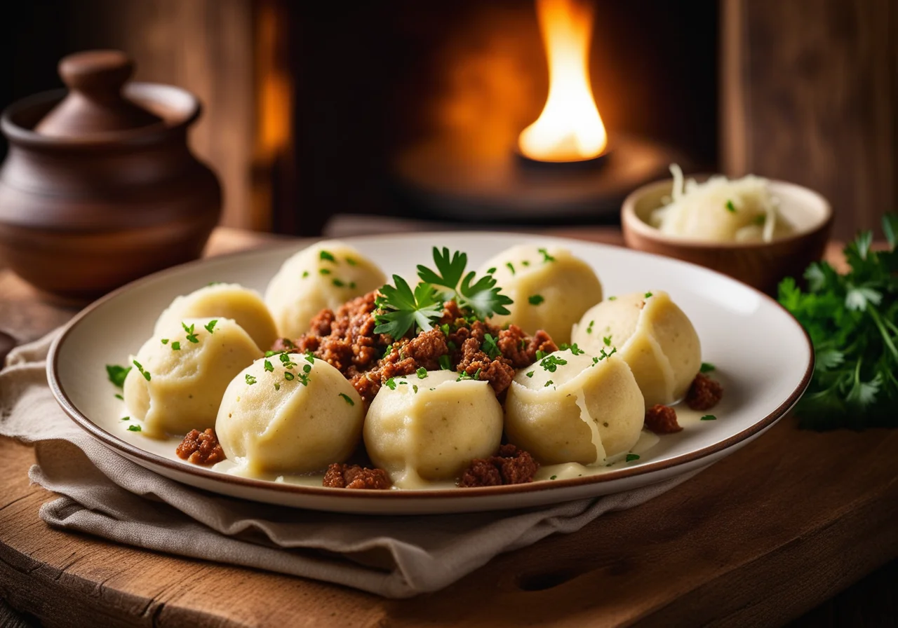 Filled Potato Dumplings with Sauerkraut and Minced Meat