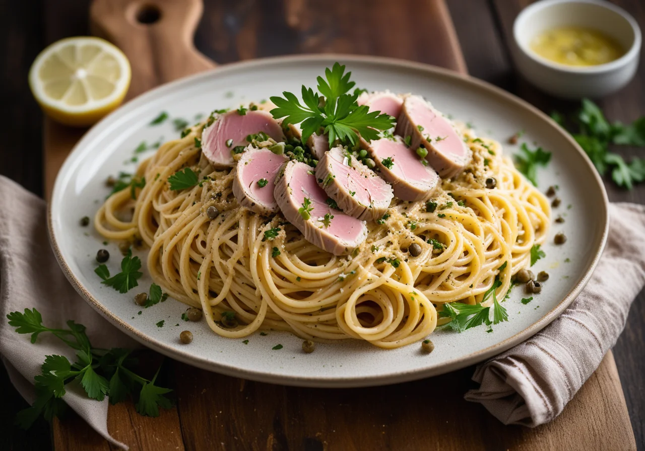 Spaghetti with Lemon Tuna Capers Sauce