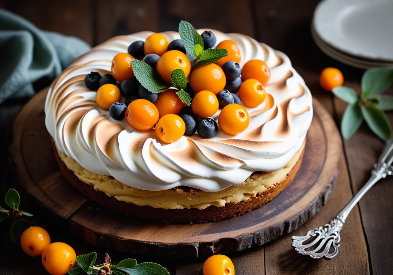 Meringue Cake with Sea Buckthorn
