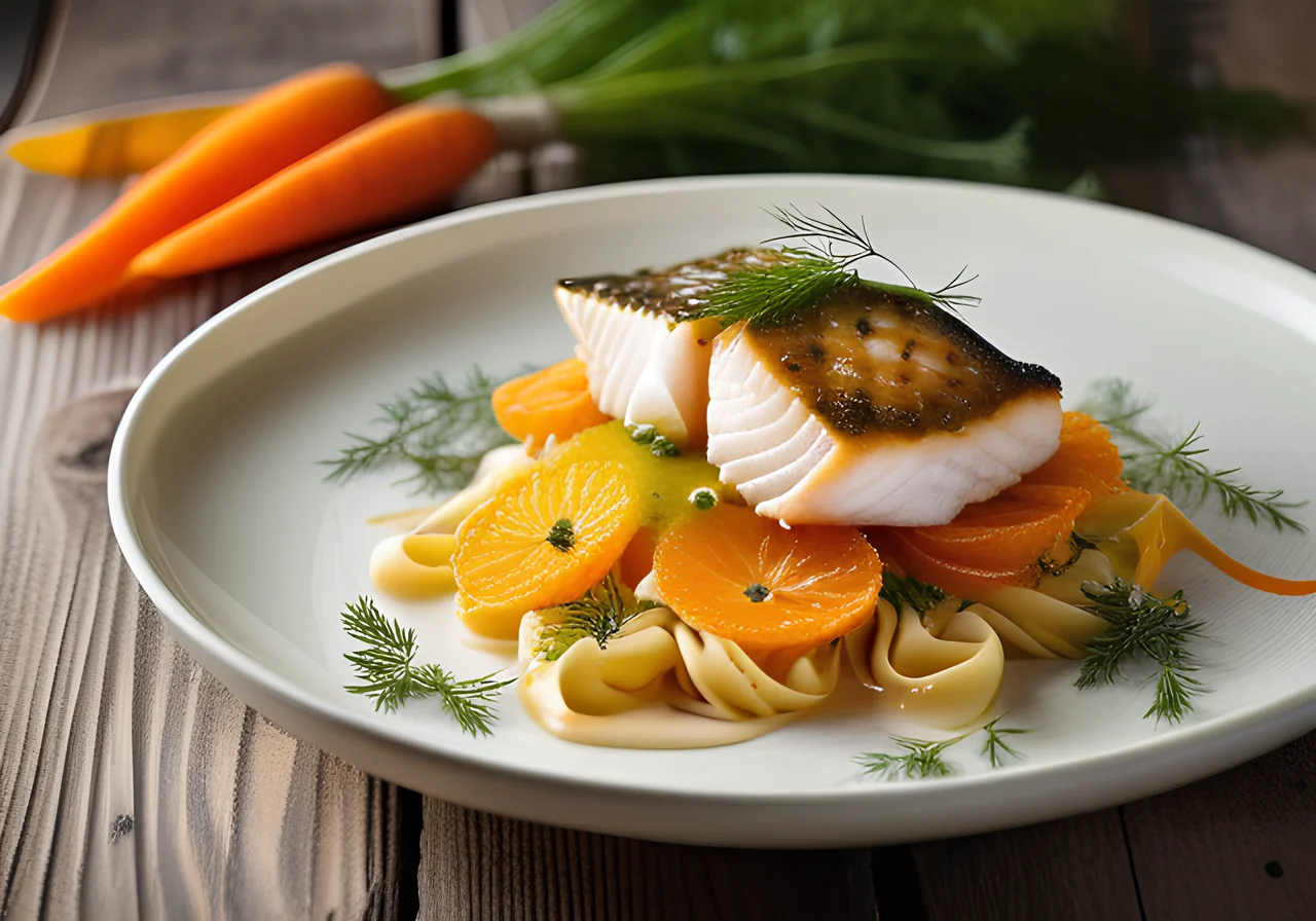 Pike Perch Fillet with Black Carrot Vegetable, Carrot Dip and Pasta