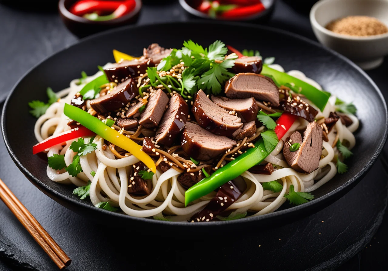 Rice noodle pan with bell pepper, meat and sprouts