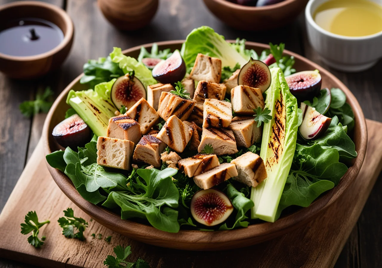 Romanasalat mit Croutons, Hähnchenstreifen und Feige
