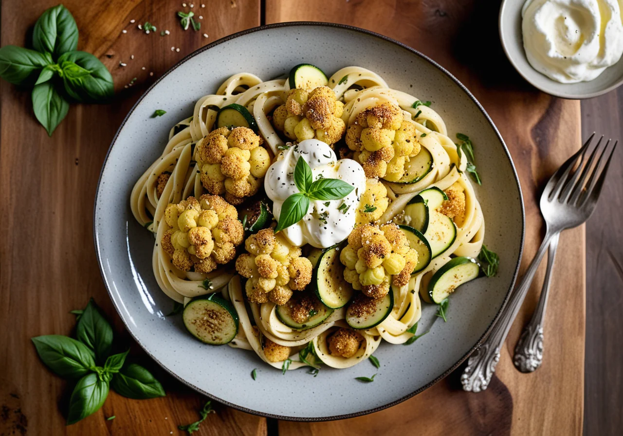 Pasta Carbonara with Roasted Cauliflower and Burrata