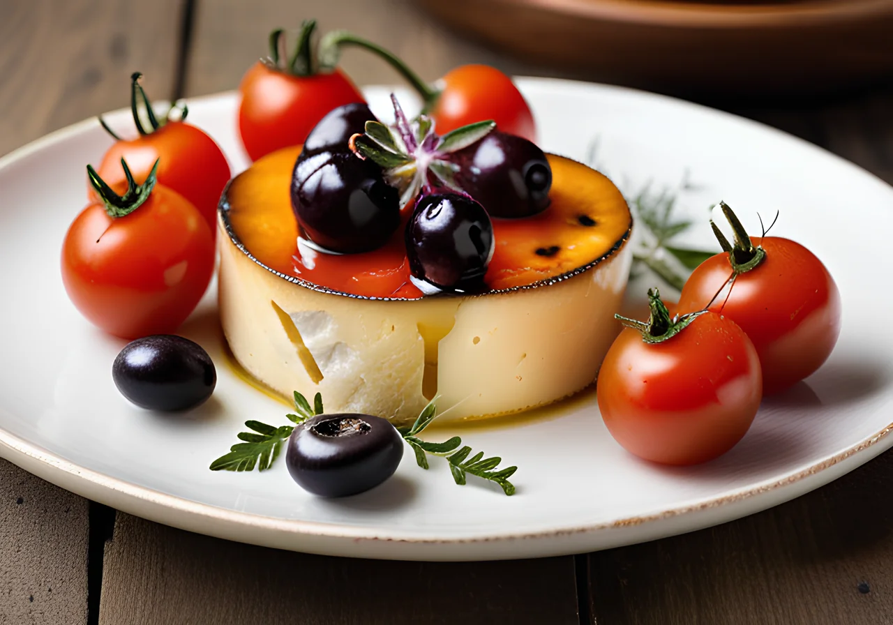 Baked Sheep Cheese with Cherry Tomatoes, Olives and Large Capers