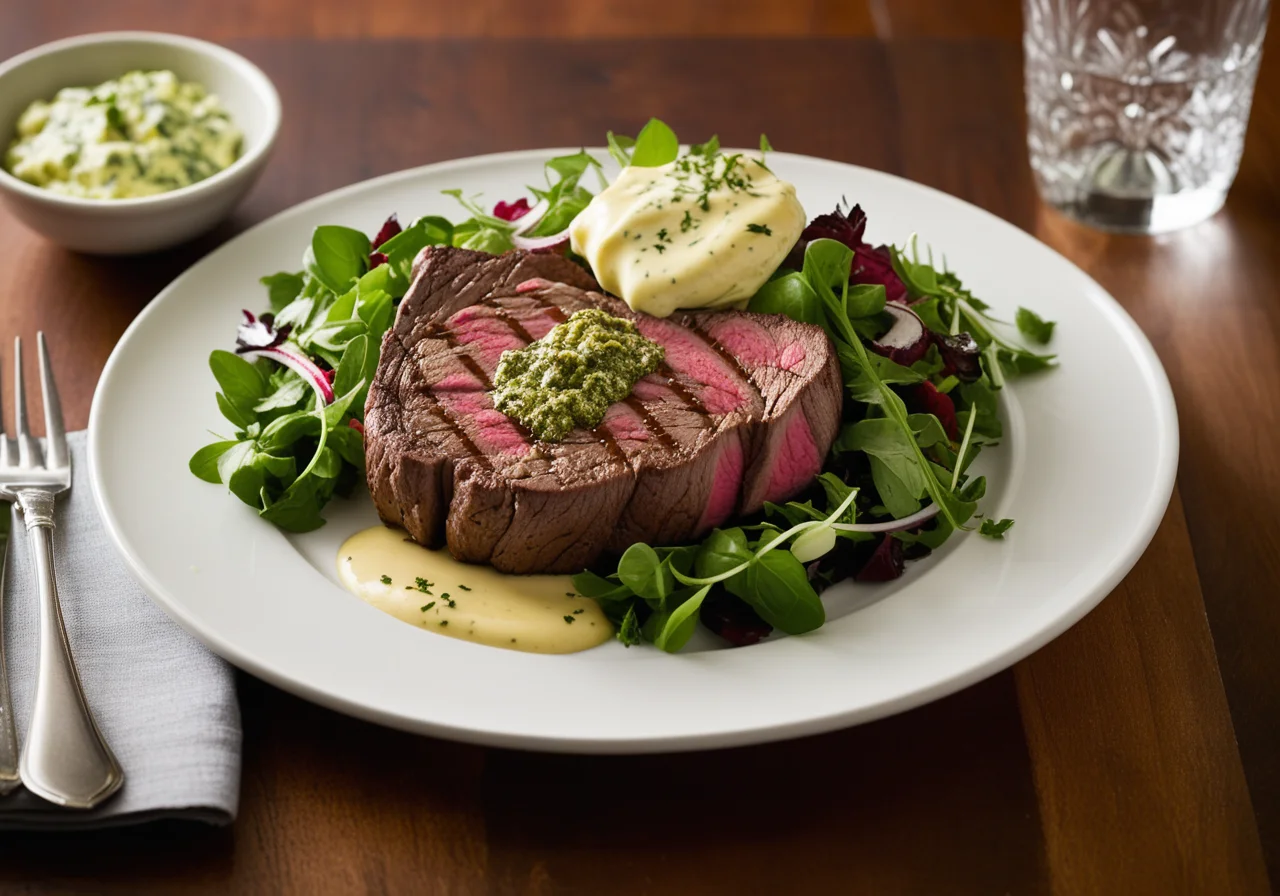 Sirloin Steak with Herb Butter and Leafy Salad