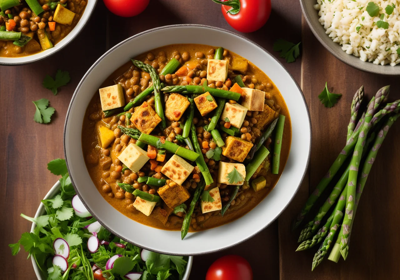 Vegetable Curry with Tofu and Asparagus Lentil Salad