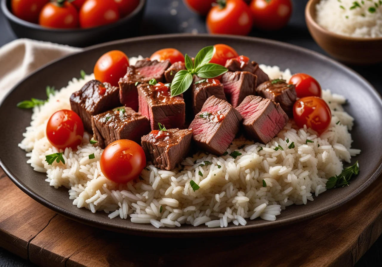 Quickly Pan‑Fried Steak Cubes with Tomatoes and Rice
