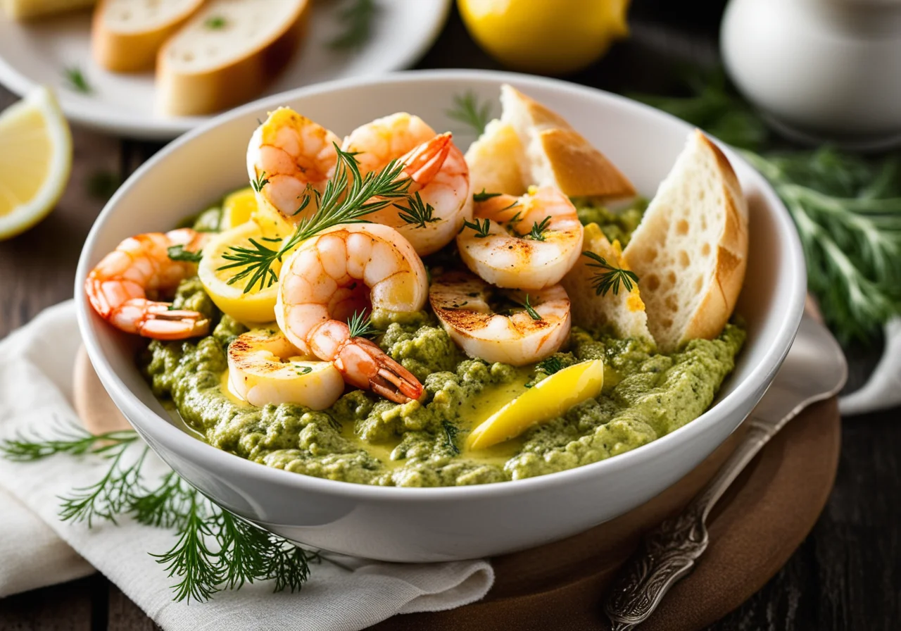 Toasted Bread with Omelette, Shrimp and Dill Pesto