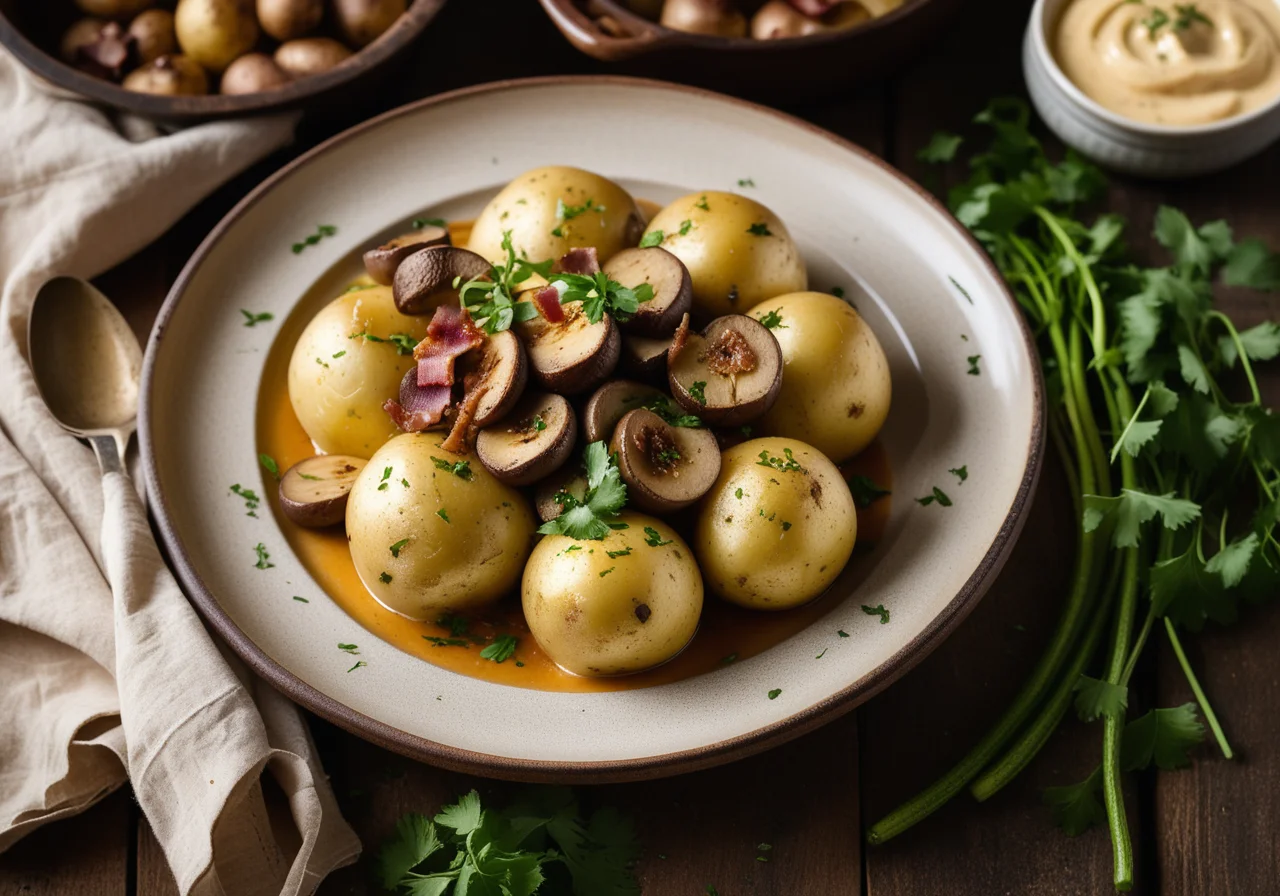 Boiled Potatoes with Stewed Zucchini and Porcini Mushrooms