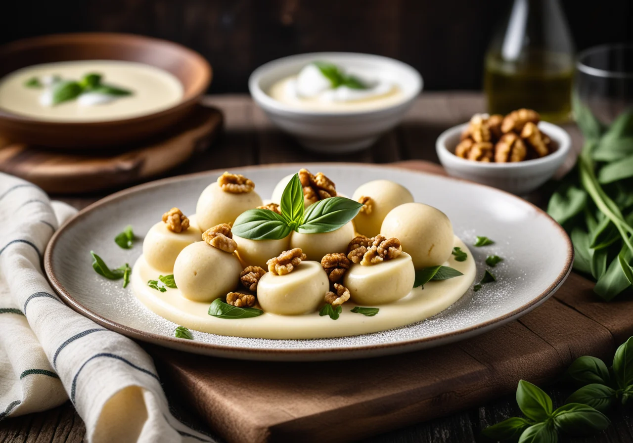 Walnut Gnocchi with Mozzarella and Spring Onions