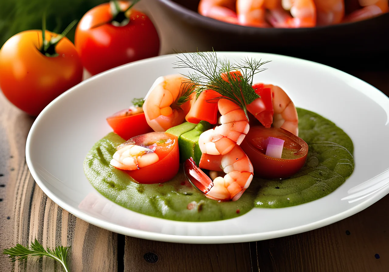 Shrimps with Avocado and Tomato Sauce