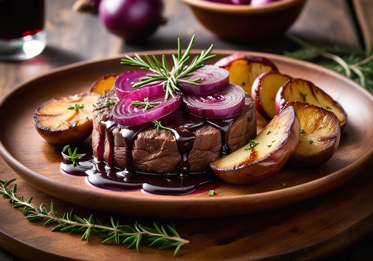 Beef Medallion with Porcini Mushroom Cap and Onions in Red Wine