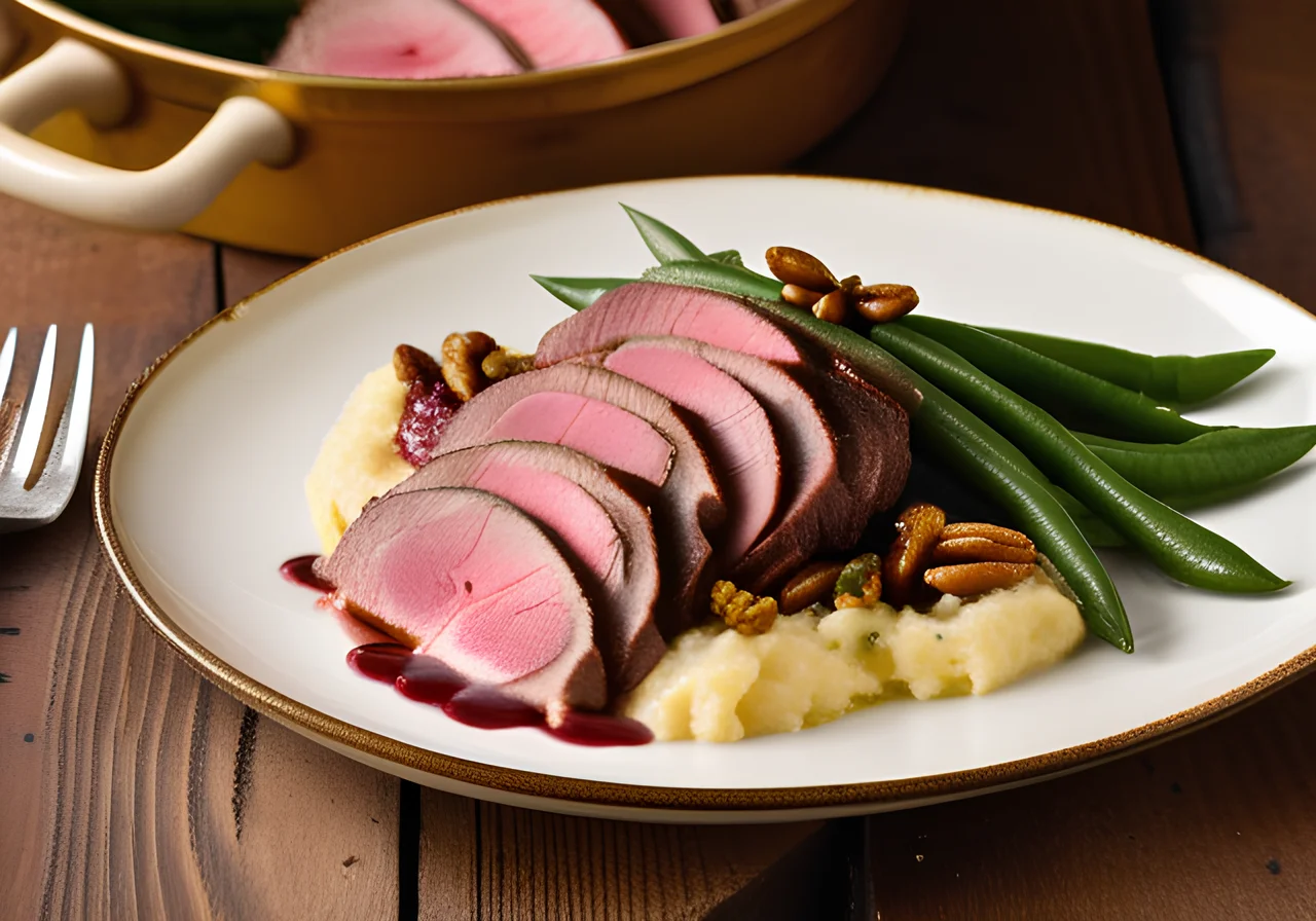 Pink Seared Venison Fillet with Potato Gratin