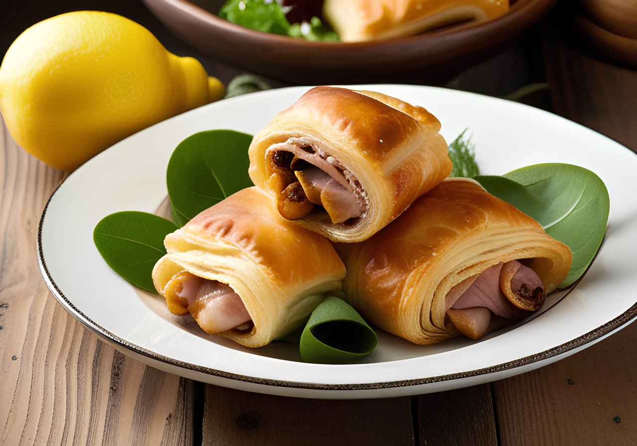 Fondue with Mushrooms and Cheese-Ham Rolls in Puff Pastry