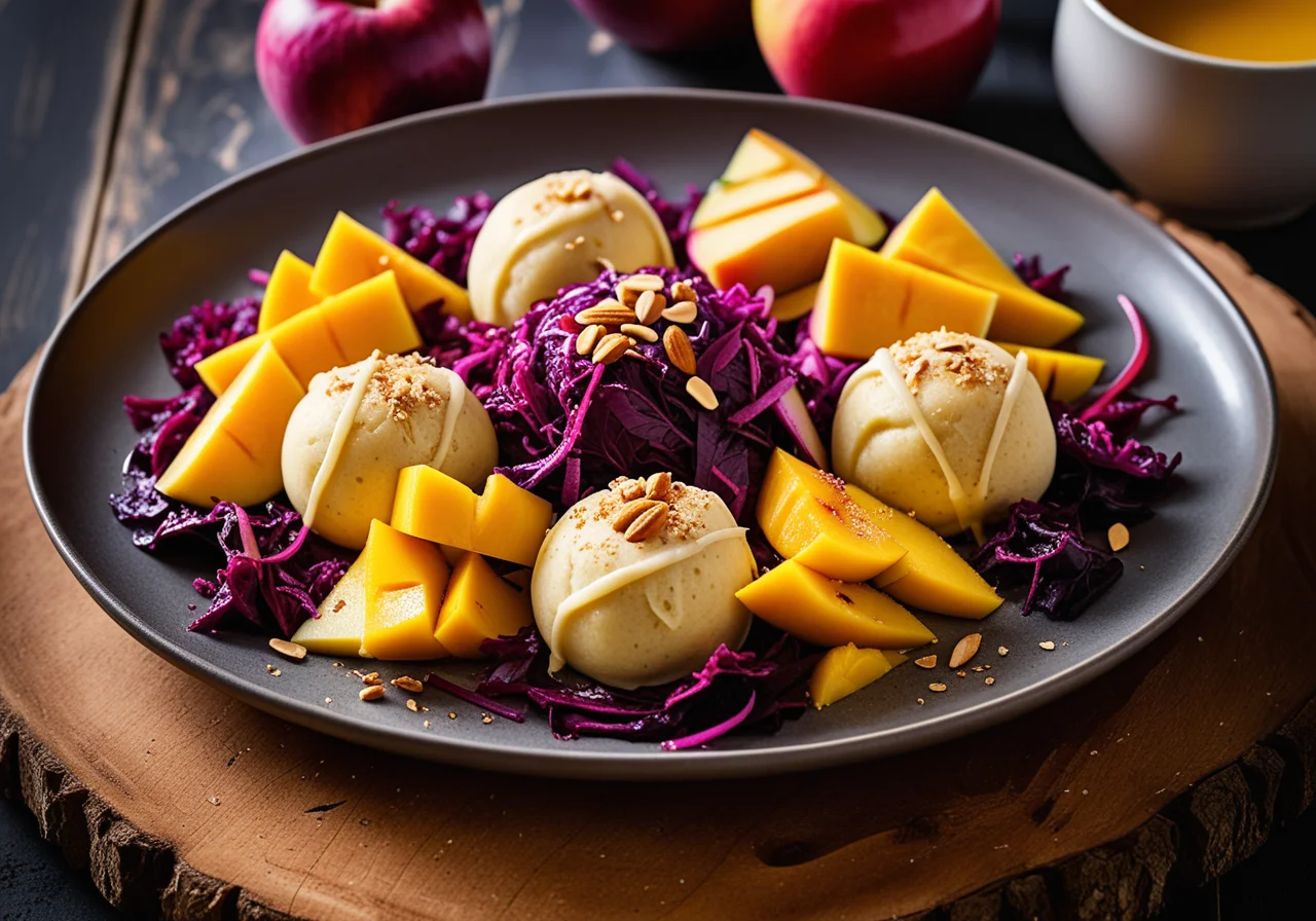 Ricotta Dumplings on Apple-Mango Red Cabbage
