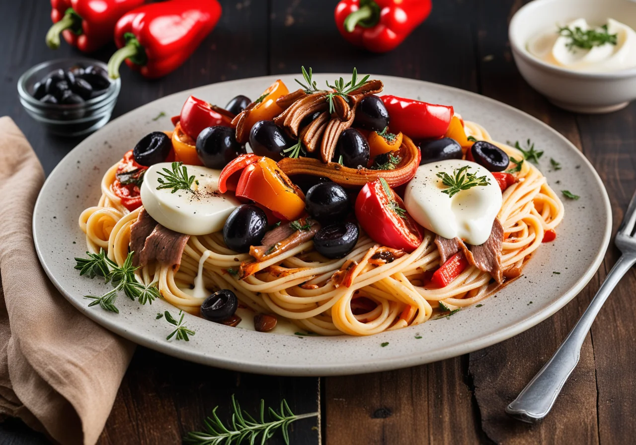 Spaghetti with Vegetables and Roast Beef