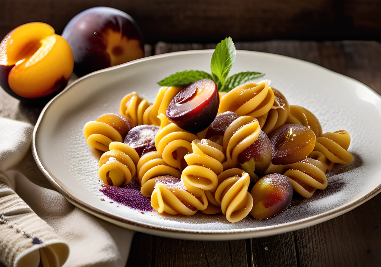 Plum Tube Pasta with Vanilla Sauce