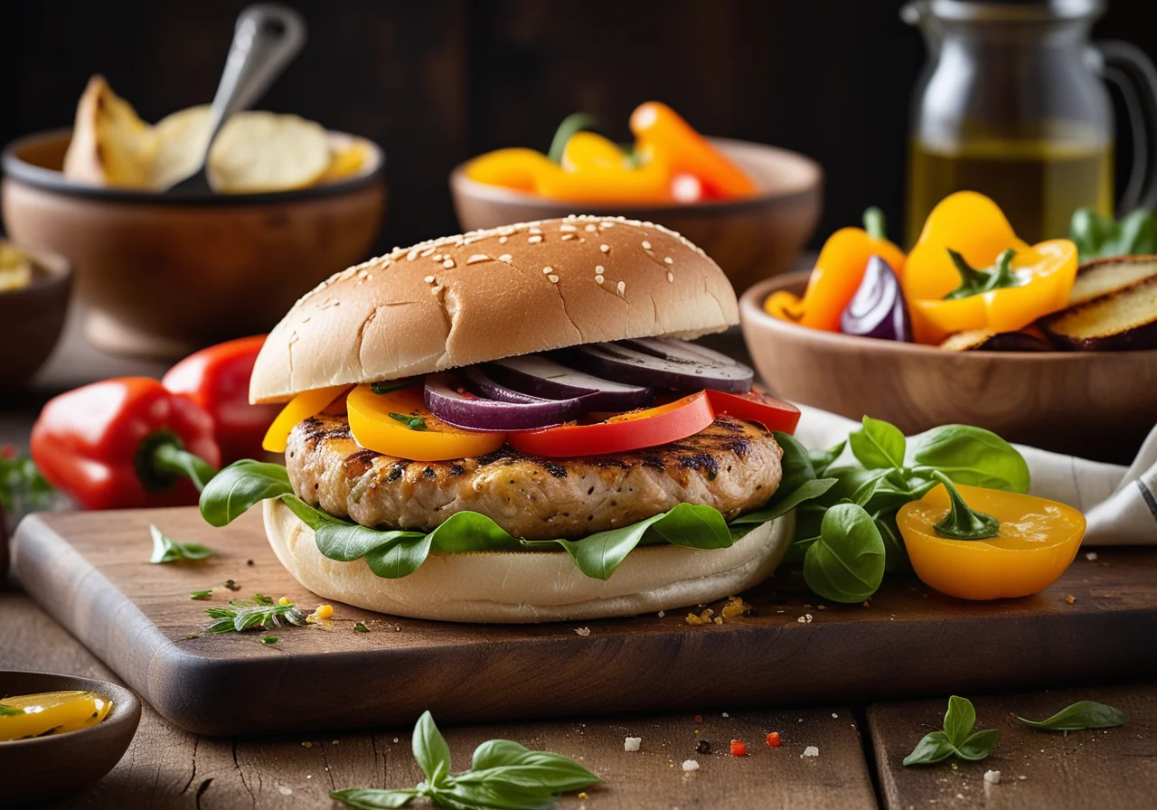 Hamburger with Turkey Patty, Vegetables and Potatoes