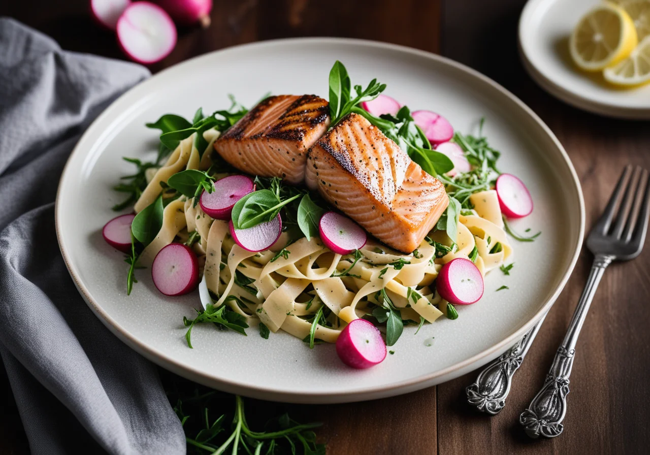 Salmon with Herb Grana Padano Sauce and Spring Pasta Salad