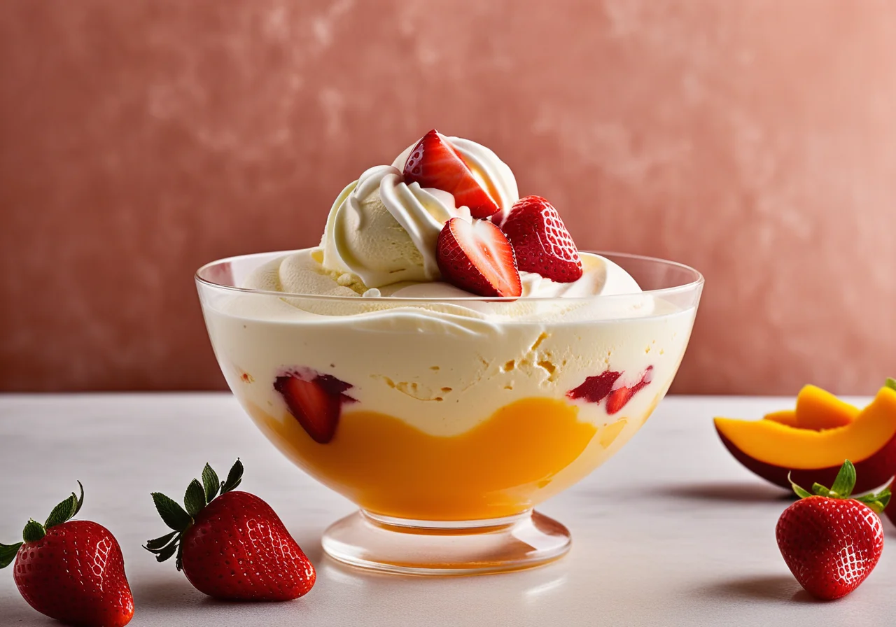 Mango Yogurt Ice Cream with Cream and Strawberry Syrup