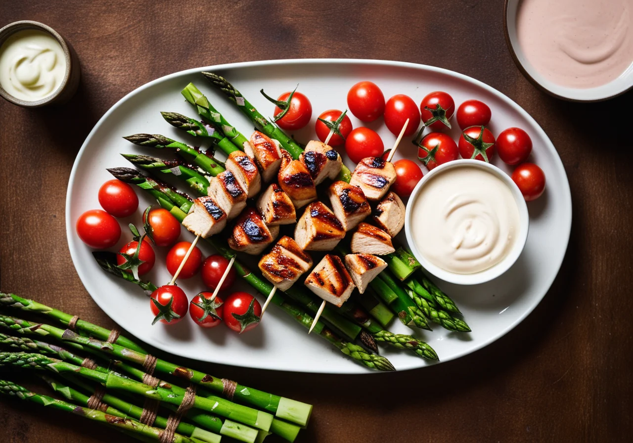 Asparagus with Grilled Chicken and Strawberry Skewers