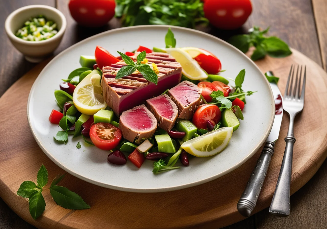 Tuna steak with kidney bean salad